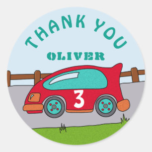 Sticker Rond Mignonne voiture de course Red Boy Nom d'âge Anniv