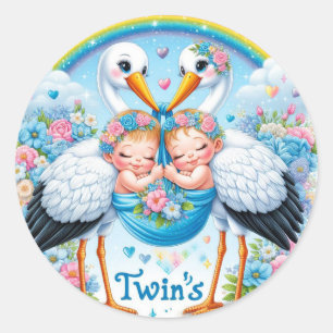 Sticker Rond Mignonnes cigognes portant des bébés jumeaux