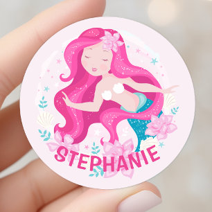 Sticker Rond Mignonnes Filles de Sirène aux Cheveux Roses Fanta