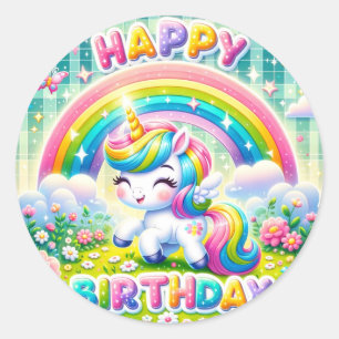 Sticker Rond Mignonnettes Whimsical d'anniversaire arc-en-ciel