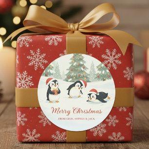 Sticker Rond Mignons Manchots à l'aquarelle Forêt de Noël