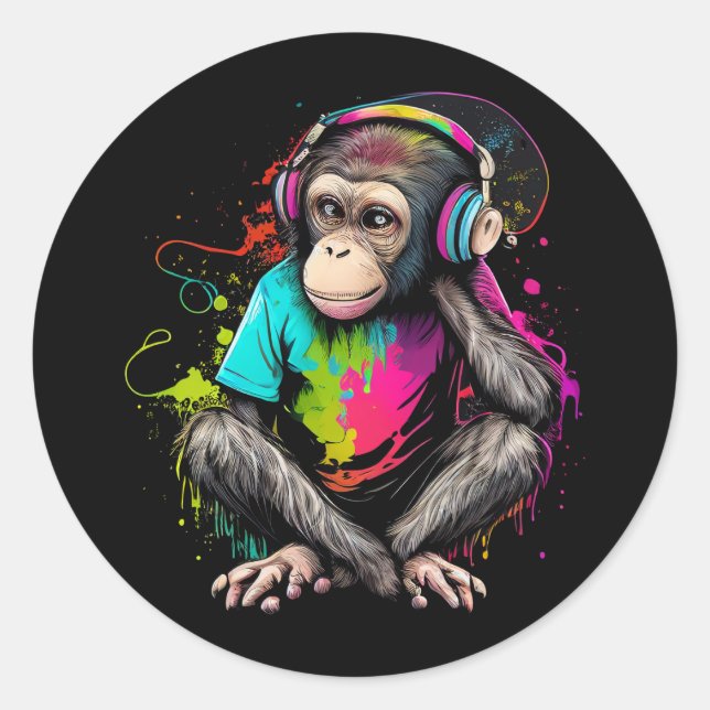 Sticker Rond Mignons Singe Écouter Musique, Musique Singe Obséd (Devant)