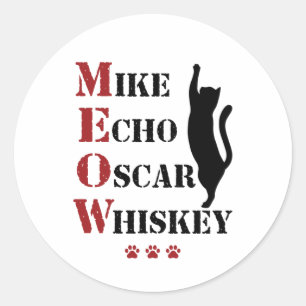 Sticker Rond Mike Echo Oscar Whiskey MEOW Cat