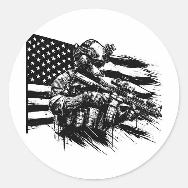 Sticker Rond Militaire Soldat Américain Drapeau Art Patriotique (Devant)