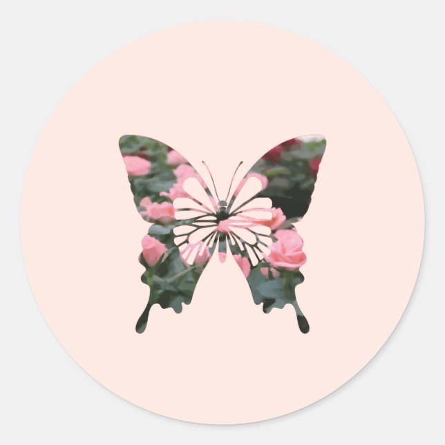 Sticker Rond Mini-Rose rose papillon Fleur numérique (Devant)
