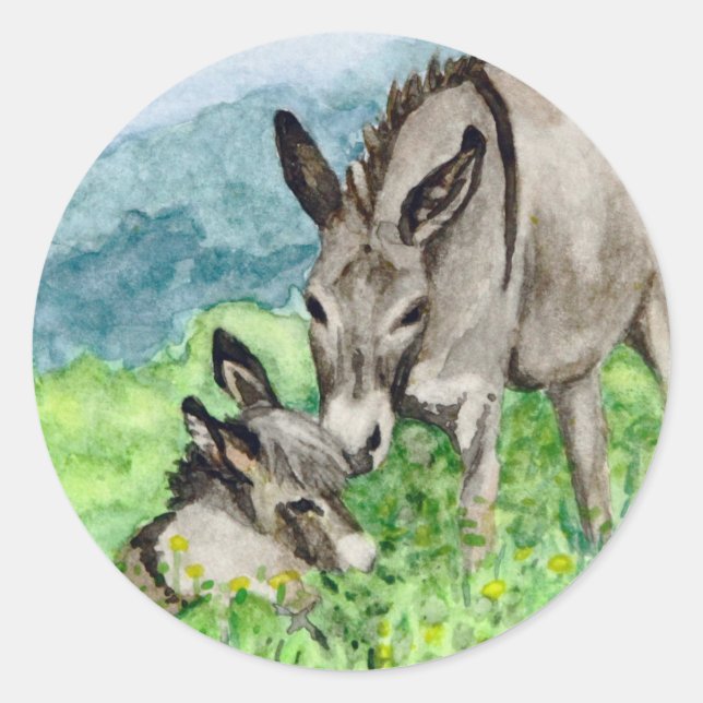 Sticker Rond Miniature Donkey Maman et bébé Aquarelle Art (Devant)