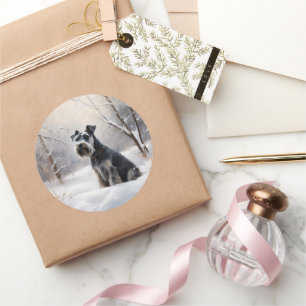 Sticker Rond Miniature Schnauzer Noël sous la neige