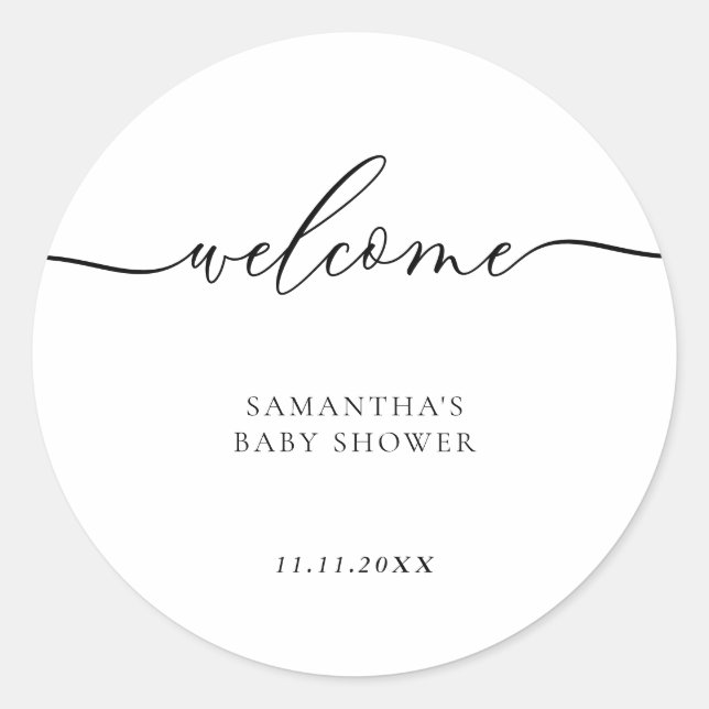Sticker Rond Minimal Baby Shower Script Lettering Welcome (Devant)