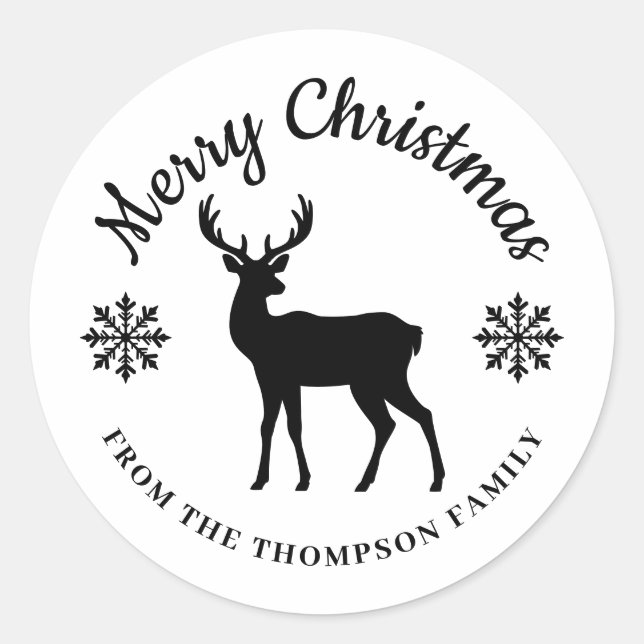 Sticker Rond Minimal Black Deer And Snowflakes Merry Christmas (Devant)