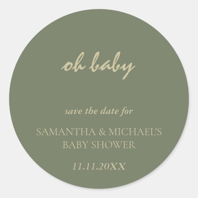 Sticker Rond Minimal Clean Sage Gold Script BABY Save Date (Devant)