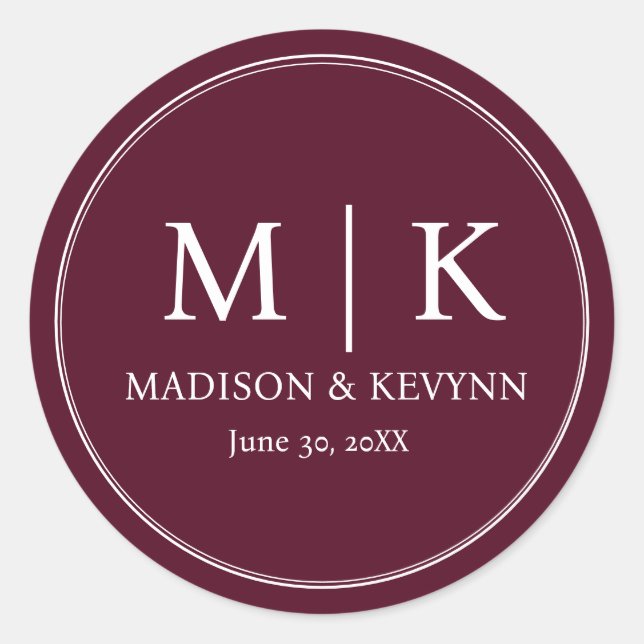 Sticker Rond Minimal et chic | Monogramme Mariage Bourgogne (Devant)