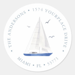 Sticker Rond Minimal Nautical Voilier Marine Adresse bleue