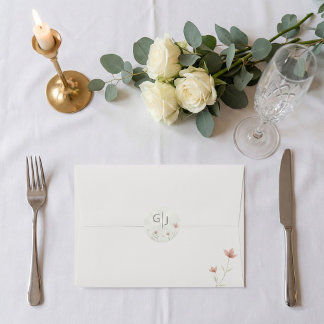 Sticker Rond Minimalist Blush Pink Wildflower Wedding Envelope 