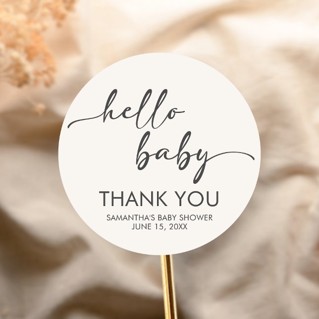 Sticker Rond Minimalist Hello Baby Baby Shower (Hello Baby Baby Shower Sticker)