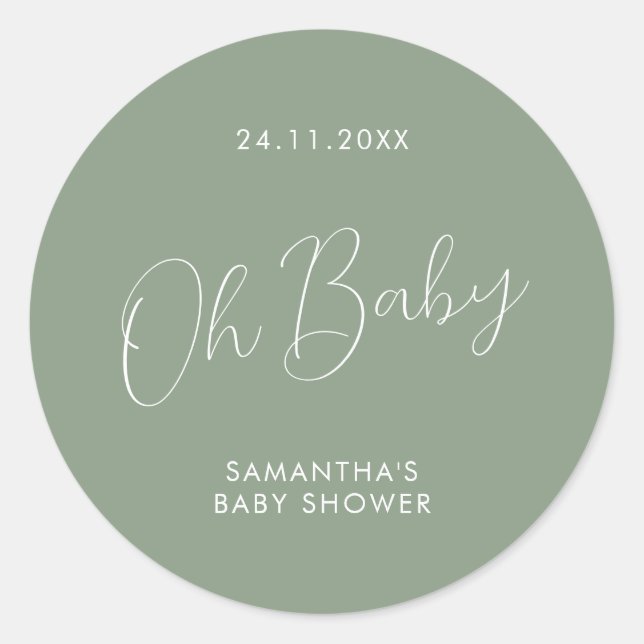 Sticker Rond Minimalist Script Sage Green Oh Baby Shower (Devant)