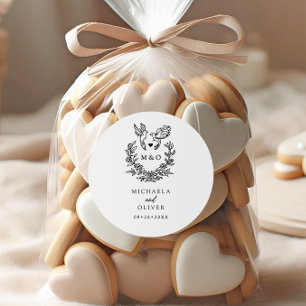 Sticker Rond Minimaliste Doves Botaniques Élégant Mariage Scrip