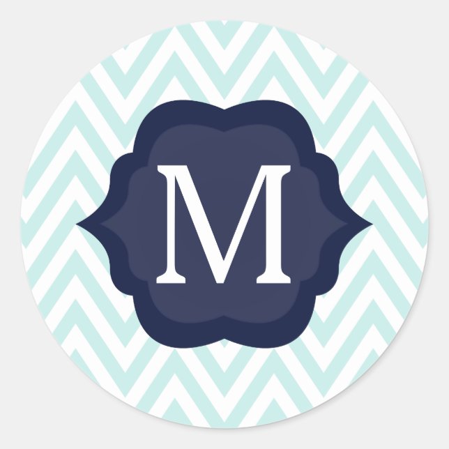 Sticker Rond Mint bleu et blanc Chevron Navy Monogram Design (Devant)