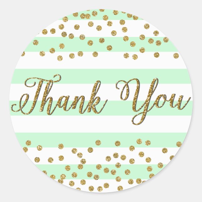 Sticker Rond Mint Green Gold Confetti Stripes Party Merci (Devant)