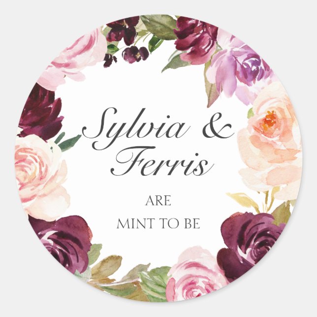 Sticker Rond Mint to Be Moody Plum Aquarelle Florale Mariage (Devant)