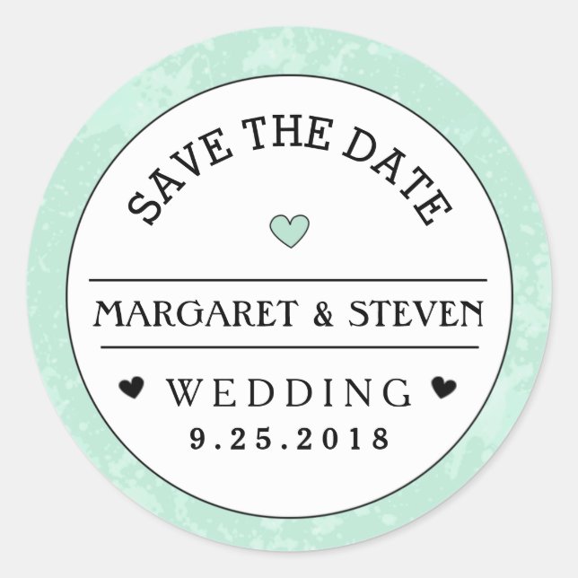 Sticker Rond Mint Vert Noir & Blanc Mariage Enregistrer la date (Devant)