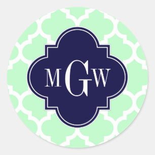 Sticker Rond Mint, White Moroccan #5 Navy 3 Initial Monogram
