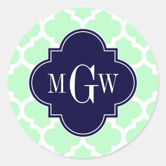Sticker Rond Mint, White Moroccan #5 Navy 3 Initial Monogram (Devant)