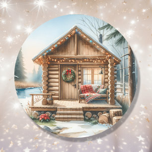 Sticker Rond Minuscule Cabine de journaux dans les Bois d'hiver