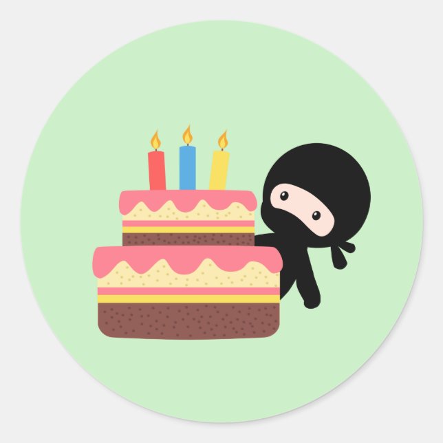 Sticker Rond Minuscule Ninja derrière le gâteau d'anniversaire  (Devant)