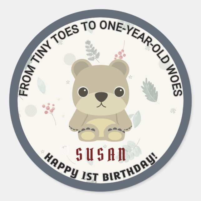 Sticker Rond Minuscules orteils : Joyeux 1er Anniversaire Stick (Devant)
