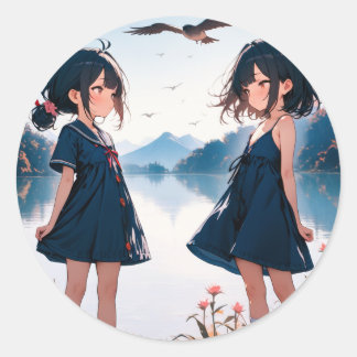 Sticker Rond Mirrored Daydream au bord du lac