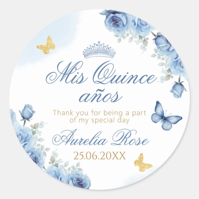 Sticker Rond Mis Quince años Blue Floral Gold Butterfly (Devant)