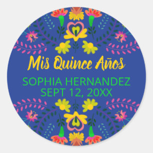 Sticker Rond Mis Quince Anos Royal Blue Mexican Fiesta Party
