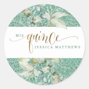 Sticker Rond Mis Quince, espagnol, Parties scintillant verte et