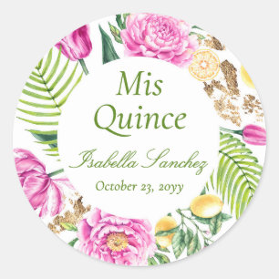 Sticker Rond Mis Quince Fleurs Roses Pivoines Citrons Quinceañe