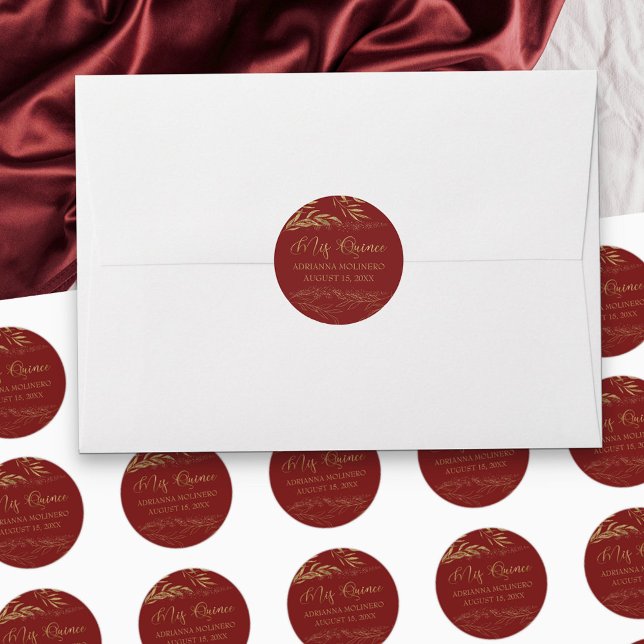 Sticker Rond Mis Quince Rouge et Feuille d'or 15 Anniversaire (Mis Quince stickers for stationery favors & party decor in red and gold from my Gold Leaf Collection)