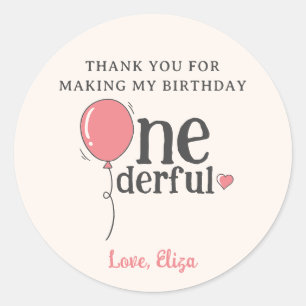 Sticker Rond Miss Onederday Merci de ballon rose anniversaire