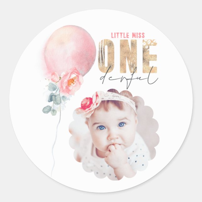 Sticker Rond Miss Onederful Pink Balloon 1er Anniversaire Photo (Devant)