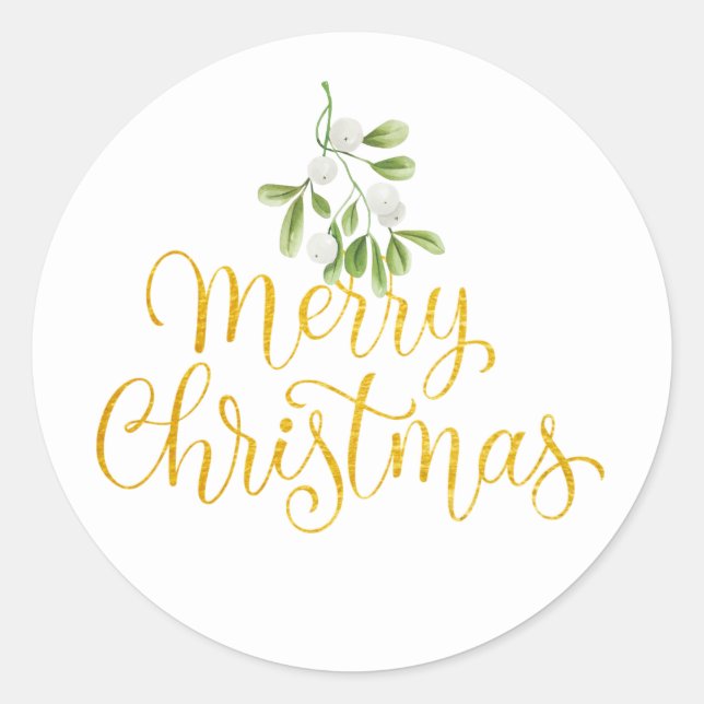 Sticker Rond Mistletoe Elegant Gold Script Joyeux Noël (Devant)