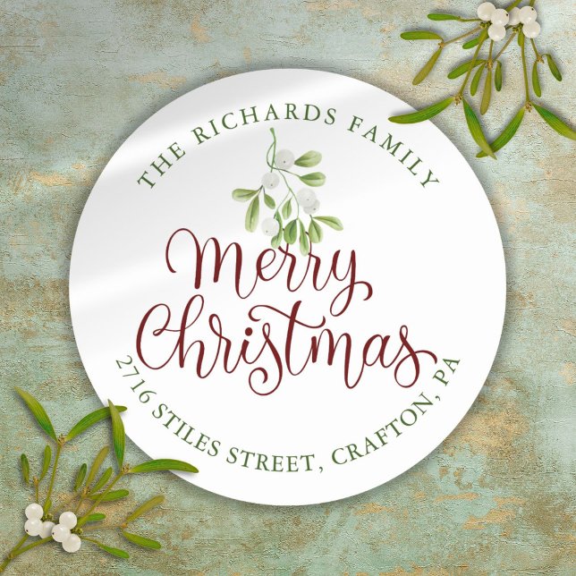 Sticker Rond Mistletoe Joyeux Noël Adresse de retour (Mistletoe Merry Christmas Return Address Classic Round Sticker)