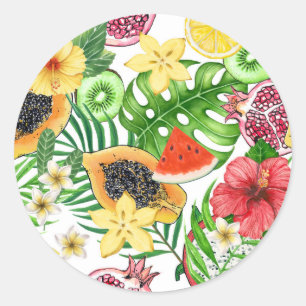 Sticker Rond Mix-fruit tropical, fleurs et feuilles sur blanc