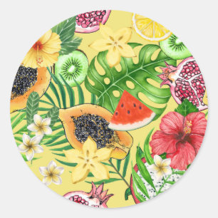 Sticker Rond Mix-fruit tropical, fleurs et feuilles sur jaune