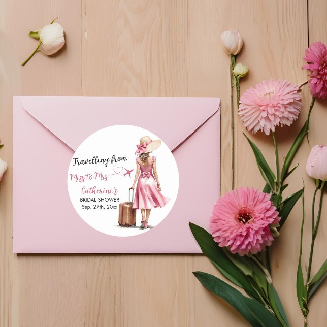 Sticker Rond Mlle à Mme Voyage Robe Rose Roseaux Mariage Cadeau (Créateur téléchargé)