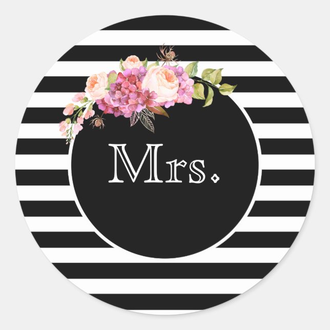 Sticker Rond Mme avec bandes et fleurs noires et blanches (Devant)