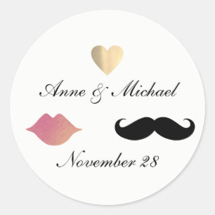Sticker Rond Mme mariée & M. groom mariage lèvres roses & moust