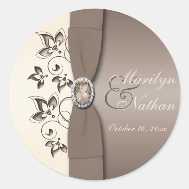 Sticker rond Mocha Ivory Floral Monogrammé 1,5" (Devant)