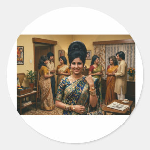 Sticker Rond Mode indienne rétro des années 1970 et coiffure bo