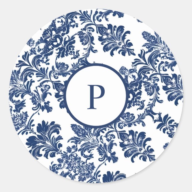 Sticker Rond Modèle bleu Damas de la marine classique (Devant)