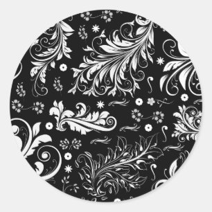 Sticker Rond Modèle Damask, Damask français, noir et blanc