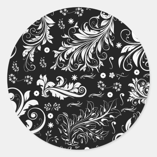 Sticker Rond Modèle Damask, Damask français, noir et blanc (Devant)