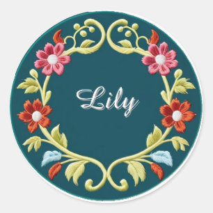 Sticker Rond Modèle de bordure circulaire florale brodée